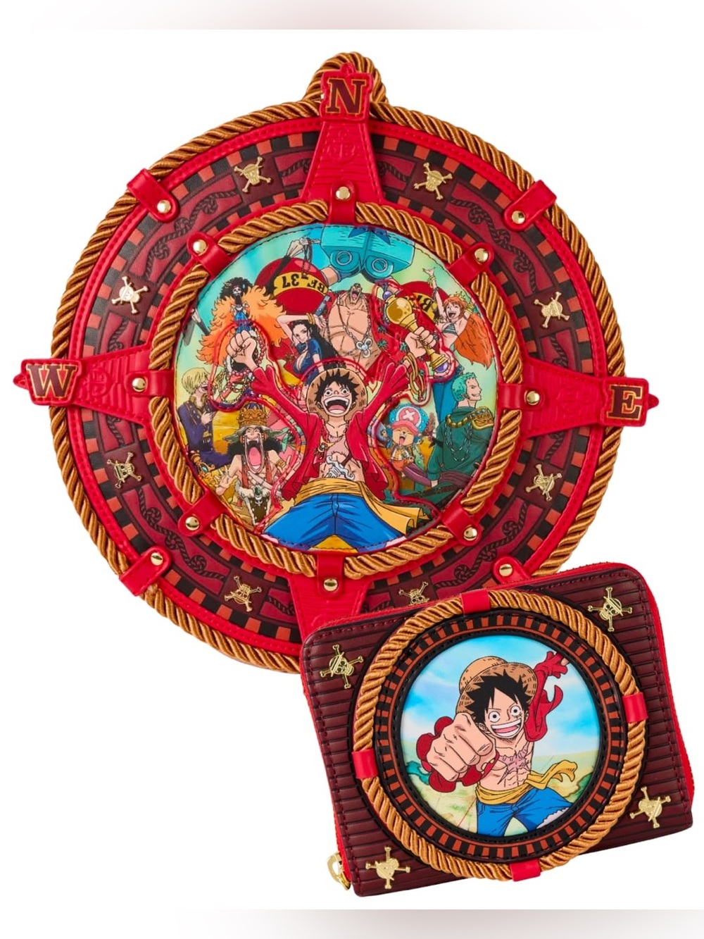 One Piece Loungefly Set Compass Figural Mini Backpack & Luffy Zip Around Wallet